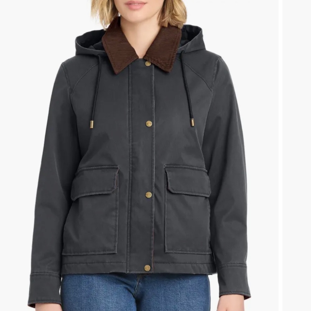 MODERN SUPPLY BY SANCTUARY HOODED WAXED JACKET BARN CHORE COAT‎ CORDUROY COLLAR - Picture 2 of 16